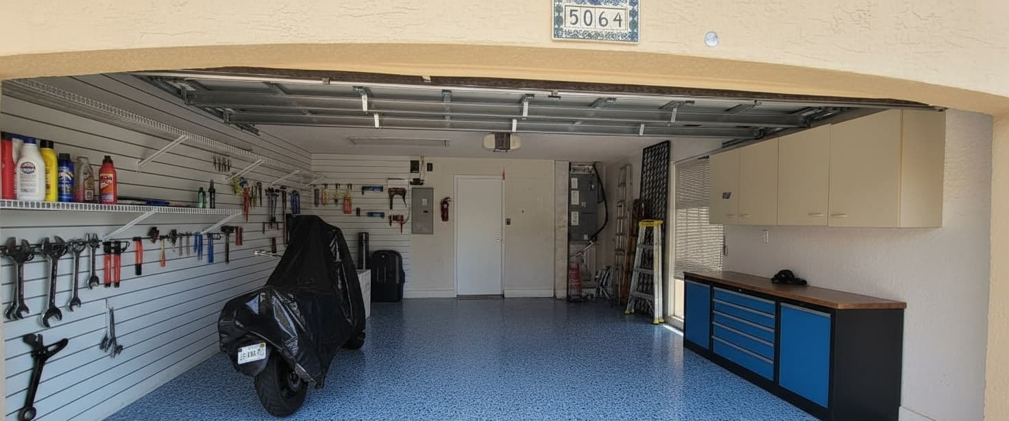 The same garage after a blue flake epoxy floor coating, with a tool wall and finished cabinets.