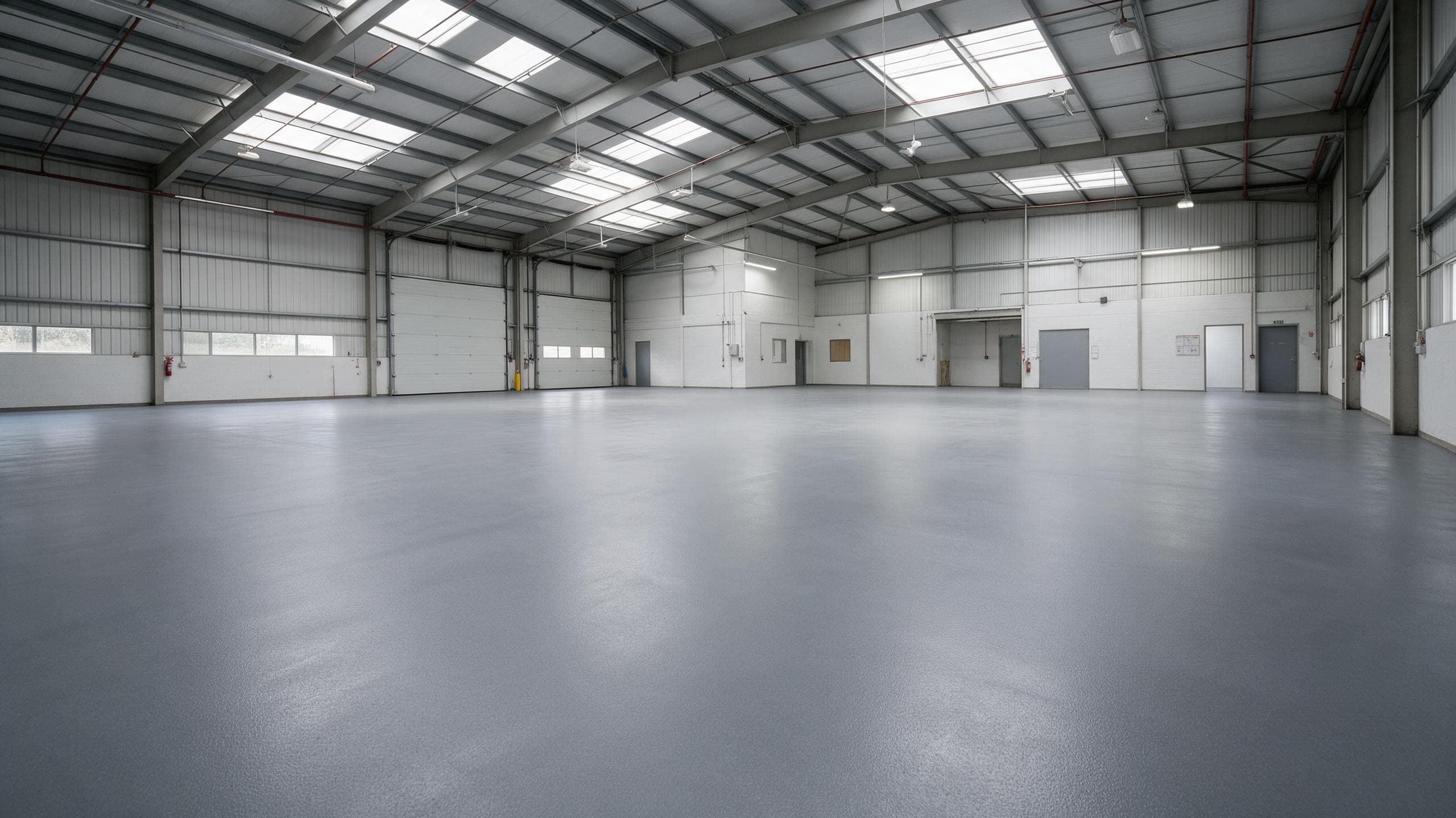 Seamless gray epoxy floor in a light industrial warehouse with high ceilings.