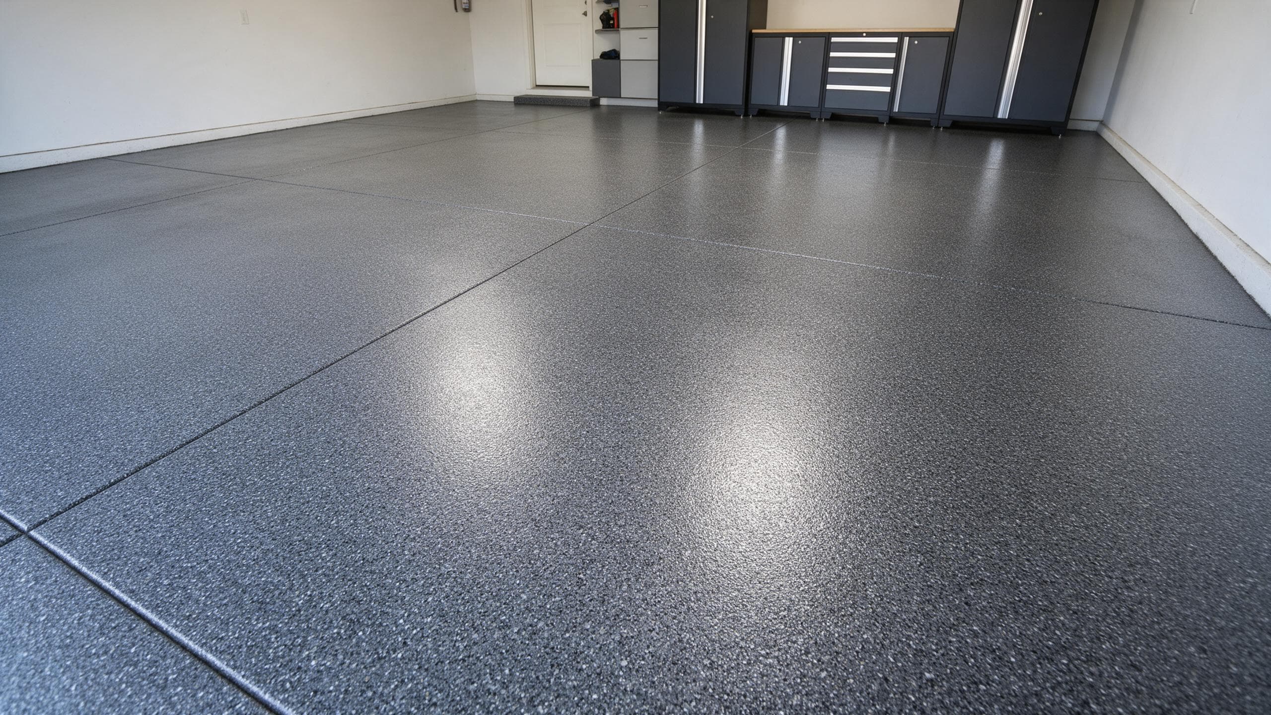 Finished charcoal flake epoxy floor in a residential garage with storage cabinets.